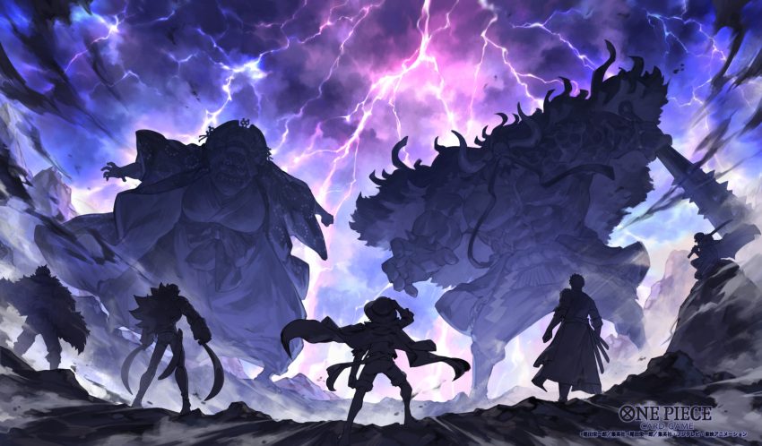 1girl 6+boys adjusting_clothes adjusting_headwear charlotte_linlin club_(weapon) coat electricity eustass_kid giant glaring hat highres horns kaidou_(one_piece) killer_(one_piece) lightning monkey_d._luffy multiple_boys official_art one_piece roronoa_zoro spiked_club standing storm tapioka_chaso trafalgar_law weapon