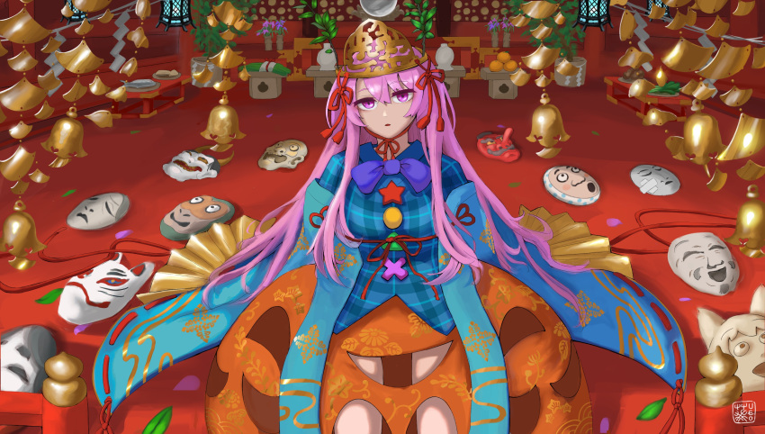 1girl absurdres aoiueo12 aqua_shirt bell blue_bow blue_shirt bow breasts cowboy_shot empty_eyes expressionless fish floral_print fox_mask hand_fan hata_no_kokoro highres long_hair looking_at_viewer mask monkey_mask new_mask_of_hope oni_mask orange_skirt pink_eyes pink_hair plaid plaid_shirt plate shirt signature skirt skirt_cutout solo tengu_mask touhou