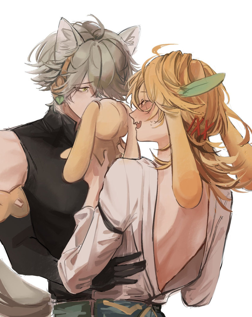 2boys alhaitham_(genshin_impact) animal_ears backless_shirt belt black_gloves black_shirt blonde_hair blue_belt blush brown_hair cat_boy cat_ears feather_hair_ornament feathers genshin_impact gloves green_belt green_eyes green_feathers grey_hair hair_ornament headphones highres kaveh_(genshin_impact) lightspeedran lop_rabbit_ears male_focus multicolored_hair multiple_boys open_mouth rabbit_boy rabbit_ears red_eyes shirt short_hair stuffed_animal stuffed_rabbit stuffed_toy turtleneck white_shirt yaoi