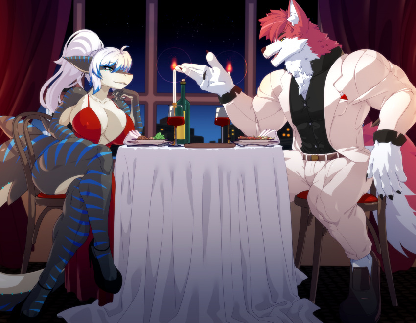alcohol anthro beverage big_breasts breasts canid canine canis clothed clothing crossed_legs danny_sterling_(spitfire420007) digital_media_(artwork) dinner duo female fish food footwear fur furniture group hair hi_res high_heels karmanseph male mammal marine muscular muscular_anthro muscular_male night nika_sharkeh nipple_outline nipples red_body red_fur romantic romantic_ambiance romantic_couple romantic_dinner shark shoes sitting smile table tail thick_thighs white_body white_fur wolf