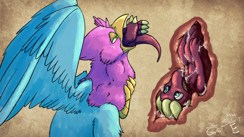 anji_(xodious) anthro anthro_prey avian avian_feet beak bird blue_body blue_eyes bodily_fluids duo esophagus feathered_crest feathered_wings feathers feral feral_pred galliform green_eyes green_markings gryphon gyro_feather gyrotech head_crest hi_res internal kobold larger_pred male male_pred male_prey markings maroon_scales mythological_avian mythology neck_bulge paws peafowl phasianid pink_body quadruped saliva silent_e vore wings