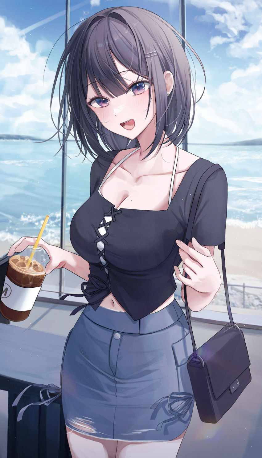 1girl absurdres bag black_hair black_shirt blue_skirt breasts camisole cleavage cloud cloudy_sky collarbone cowboy_shot crop_top cup cutoffs day denim denim_skirt disposable_cup hair_ornament hairclip halterneck highres holding large_breasts legs_together looking_at_viewer midriff miniskirt mole mole_on_breast myowa navel open_mouth original pencil_skirt purple_eyes shirt short_hair short_sleeves shoulder_bag skirt sky smile solo spaghetti_strap standing undershirt water