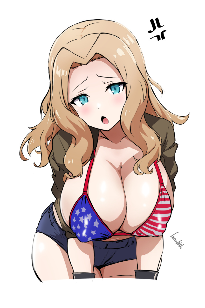 1girl american_flag_bikini anger_vein artist_name batta_16-sei bent_over bikini bikini_top_only black_gloves blonde_hair blue_eyes blue_shorts blush breasts brown_jacket cleavage commentary cowboy_shot flag_print frown girls_und_panzer gloves hair_intakes half-closed_eyes halterneck highres huge_breasts jacket kay_(girls_und_panzer) leaning_forward medium_hair micro_shorts open_clothes open_jacket open_mouth shorts signature solo swimsuit