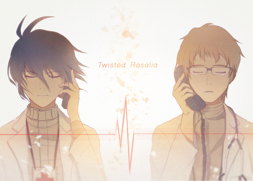 2boys cardiogram cellphone chou_shittou_caduceus cr-s01 holding holding_phone hospital_rokunin_no_ishi lab_coat listovite multiple_boys phone talking_on_phone tsukimori_kousuke