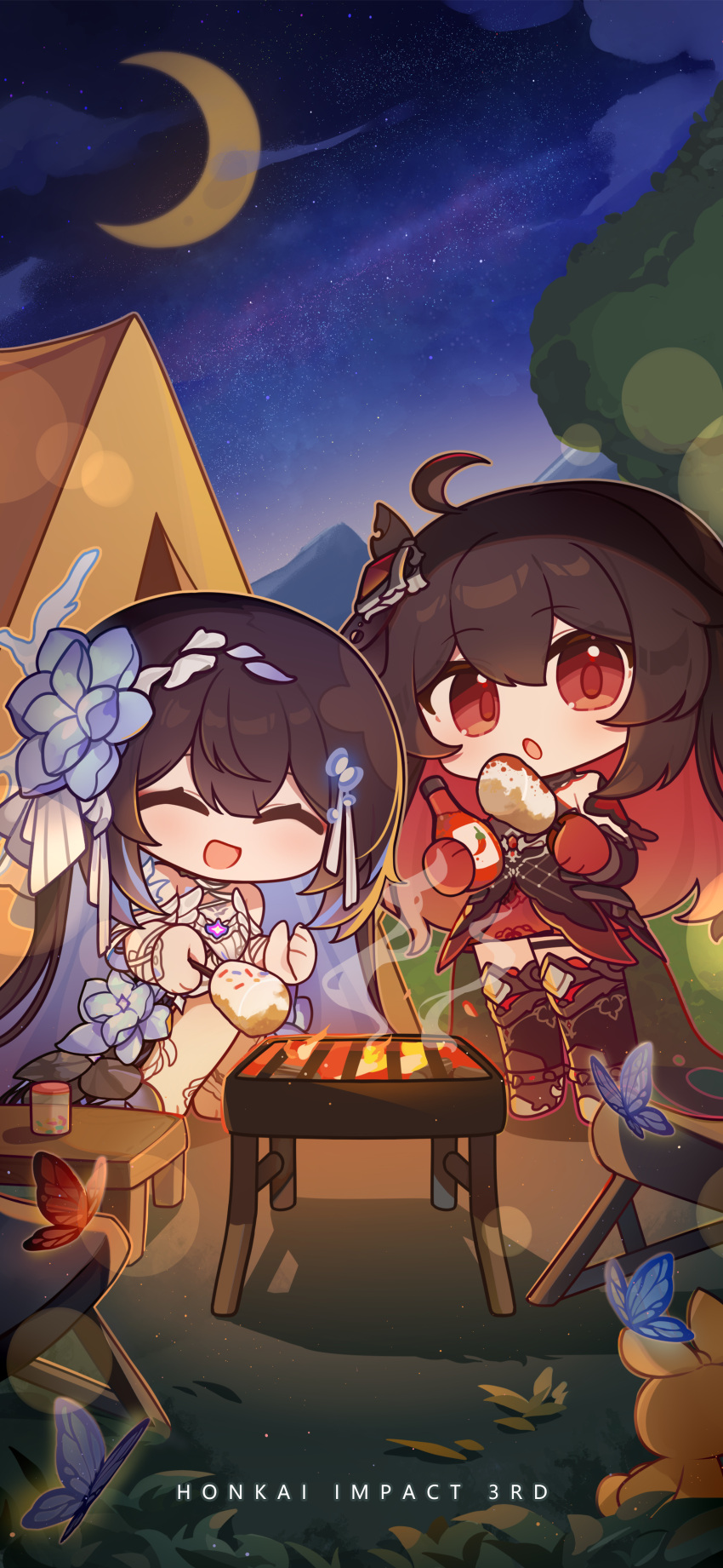 2girls :d :o absurdres ahoge animal birthday black_dress black_hair black_headwear blue_butterfly blue_flower bug butterfly camping chinese_commentary closed_eyes cloud colored_inner_hair cooking crescent dress eta flower food gloves grass grilling hair_flower hair_ornament happy highres honkai_(series) honkai_impact_3rd long_hair marshmallow moon multicolored_hair multiple_girls night night_sky official_art official_wallpaper open_mouth outdoors pepper_(spice) red_butterfly red_eyes red_gloves seele_(alter_ego) seele_vollerei seele_vollerei_(herrscher_of_rebirth) seele_vollerei_(starchasm_nyx) sitting sky smile standing tent tree