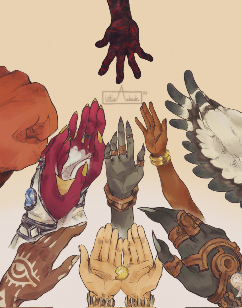 4girls 5boys black_skin bracelet bridal_gauntlets claws colored_skin corruption dark-skinned_female dark_skin disembodied_limb feathered_wings feathers fingernails gerudo goron hand_focus highres jewelry king_rauru link littleaubade long_fingernails mineru_(zelda) multiple_boys multiple_girls multiple_rings orange_skin outstretched_hand princess_zelda red_skin riju ring rito secret_stone sharp_fingernails sidon sonia_(zelda) tattoo the_legend_of_zelda the_legend_of_zelda:_tears_of_the_kingdom tulin_(zelda) wings yunobo zonai zora