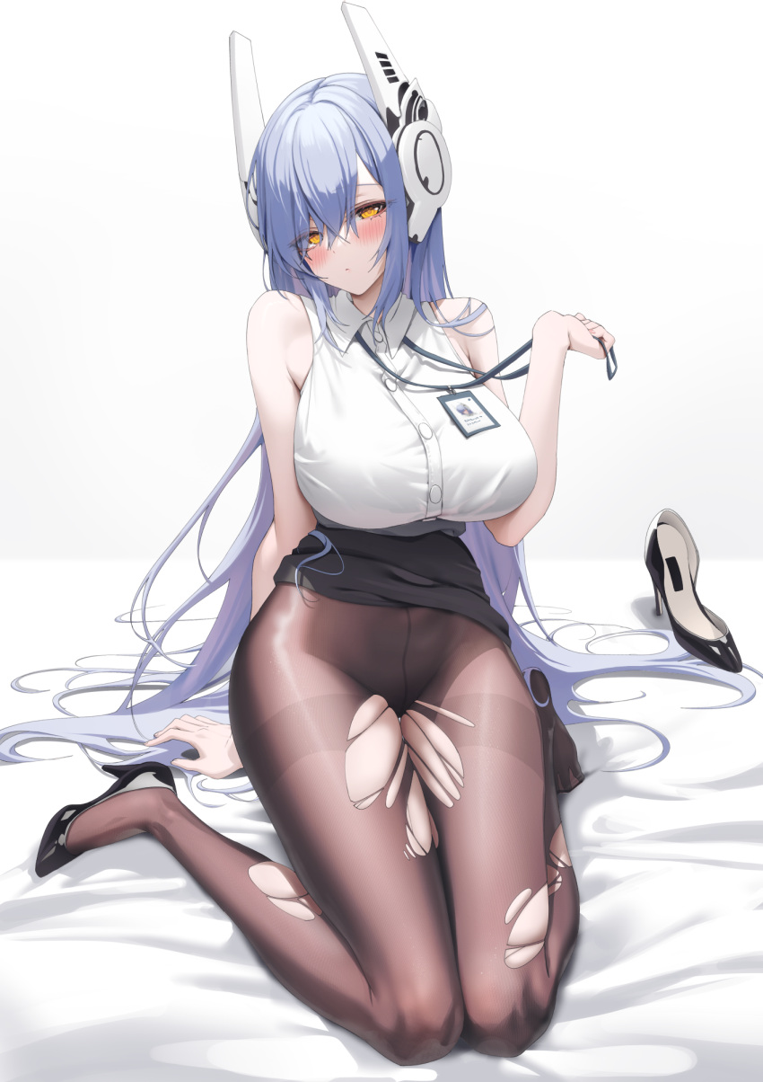 1girl alpha_(ypalpha79) alternate_costume bare_arms bare_shoulders black_skirt blue_hair blush breasts closed_mouth commission full_body girls'_frontline high_heels highres large_breasts long_hair looking_at_viewer office_lady pantyhose pixiv_commission shirt skirt solo tar-21_(girls'_frontline) thighs torn_clothes torn_pantyhose very_long_hair white_shirt yellow_eyes