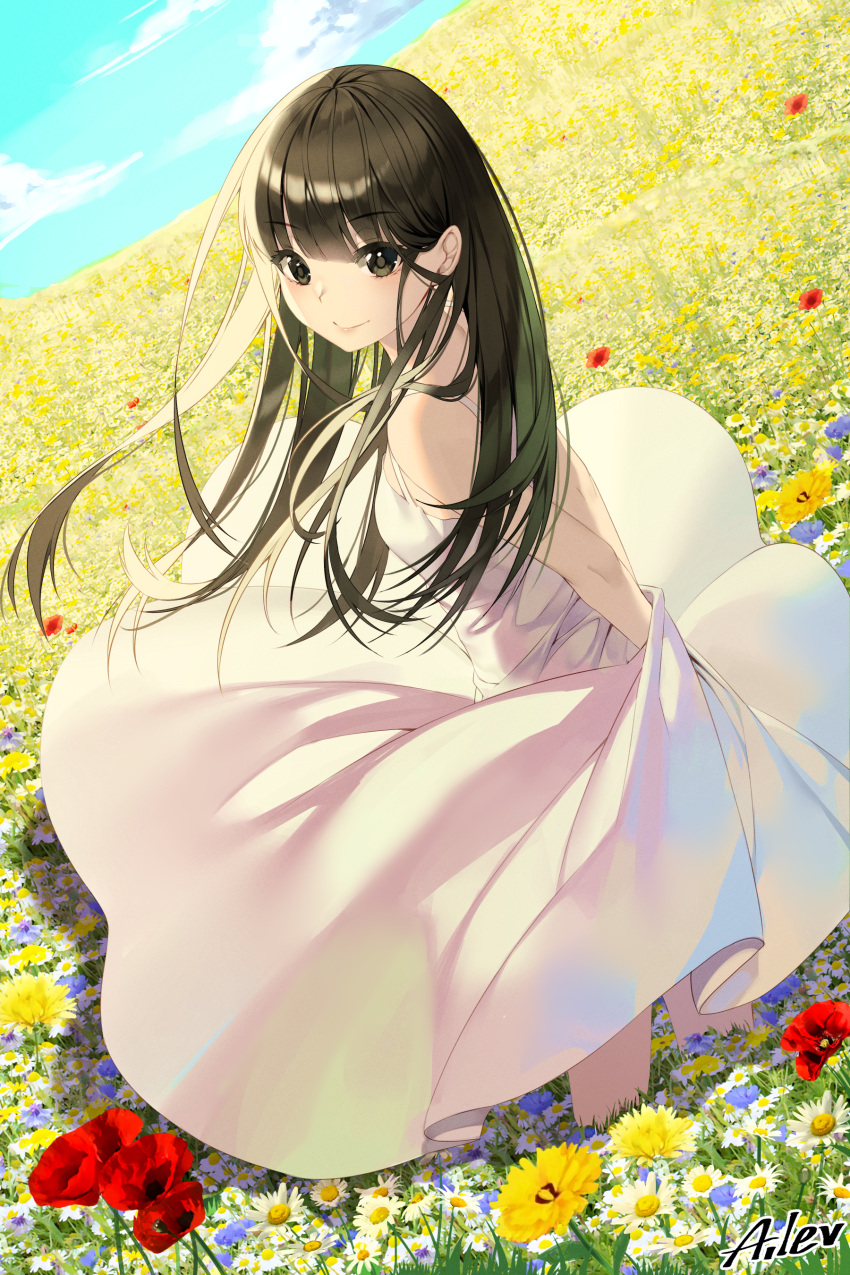 1girl absurdres aile_(crossroads) arms_behind_back bare_arms bare_shoulders black_eyes black_hair blue_flower breasts closed_mouth commentary_request dress field flower flower_field highres long_hair looking_at_viewer looking_to_the_side original red_flower signature sleeveless sleeveless_dress small_breasts smile solo standing very_long_hair white_dress white_flower yellow_flower