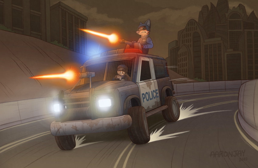 2023 aar0njay anthro artist_name building canid canine city clothed clothing detailed_background digital_media_(artwork) disney driving duo firing_weapon fox fur hi_res judy_hopps lagomorph leporid light lighting mammal medium_truck nick_wilde outside rabbit red_fox road truck_(vehicle) van vehicle zootopia