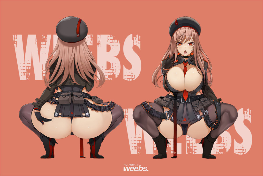 1girl ass ass_grab beret black_gloves black_leotard blush breasts brown_hair cleavage gloves goddess_of_victory:_nikke grabbing hat high_heels holding holding_hair holster large_breasts leotard long_hair looking_at_viewer necktie open_clothes open_mouth rapi_(nikke) red_eyes spiz spread_legs squatting star_(symbol) thighhighs tiptoes tongue tongue_out