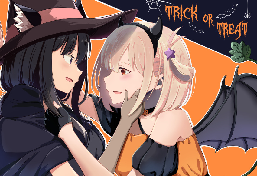 2girls absurdres animal_ears bare_shoulders bat_wings black_cape black_choker black_gloves black_hair black_hairband blonde_hair blue_background blush bob_cut brown_gloves cape cat_ears chai_haru choker commentary_request dress elbow_gloves eye_contact fake_animal_ears fake_horns fake_wings fingerless_gloves gloves hair_between_eyes hair_ornament hairband halloween halloween_costume hand_in_another's_hair hand_on_another's_face hat highres horns inoue_takina jack-o'-lantern kabedon long_hair looking_at_another lycoris_recoil multiple_girls nishikigi_chisato off-shoulder_dress off_shoulder official_alternate_costume one_side_up open_mouth orange_background orange_dress outline profile puffy_short_sleeves puffy_sleeves purple_eyes red_eyes short_hair short_sleeves sidelocks star_(symbol) star_hair_ornament trick_or_treat two-tone_background white_outline wings witch_hat yuri