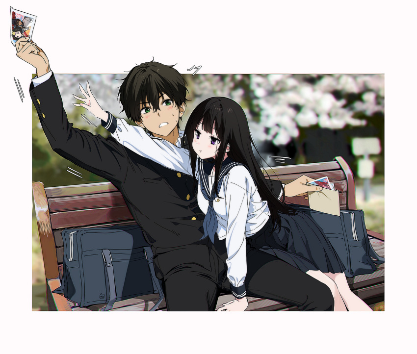 1boy 1girl arm_support arm_up artist_logo bag bench black_hair black_jacket black_skirt blue_neckerchief blurry blurry_background blush breasts buttons chitanda_eru gakuran green_eyes hair_between_eyes highres holding holding_photo hyouka jacket kamiyama_high_school_uniform_(hyouka) light_blush long_hair long_sleeves medium_breasts mery_(yangmalgage) motion_lines neckerchief oreki_houtarou outside_border outstretched_arm park_bench parted_lips photo_(object) pleated_skirt pout purple_eyes sailor_collar school_bag school_uniform shirt simple_background sitting skirt smile spread_legs sweatdrop white_background white_shirt