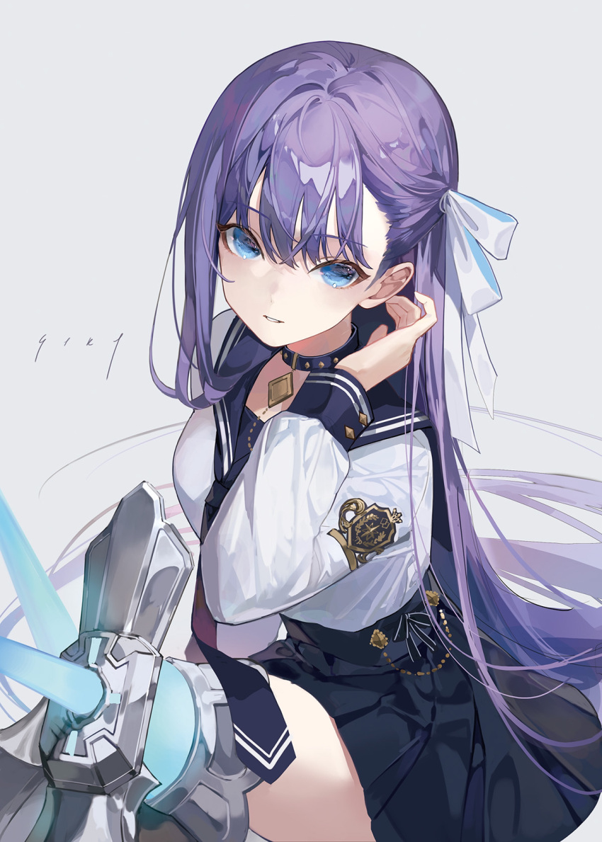 1girl armored_boots black_skirt blue_eyes blue_sailor_collar blush boots breasts chyoel collar fate/extra fate/extra_ccc fate/grand_order fate_(series) grin hair_ribbon highres long_hair long_sleeves looking_at_viewer meltryllis_(fate) necktie prosthesis prosthetic_leg purple_hair ribbon sailor_collar shirt sitting skirt small_breasts smile solo thighs very_long_hair white_ribbon white_shirt
