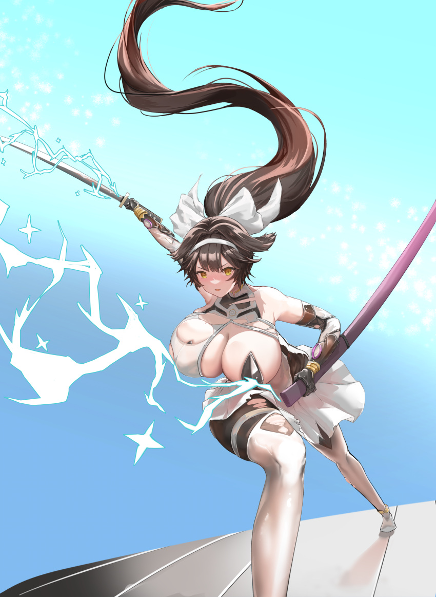 1girl absurdres azur_lane blue_background breasts brown_hair cleavage cleavage_cutout clothing_cutout elbow_gloves electricity extra_ears foot_out_of_frame gloves highres holding holding_sheath holding_sword holding_weapon huge_breasts katana lightning long_hair miniskirt minuo_songshu pantyhose ribbon sheath skirt solo sword takao_(azur_lane) takao_(divine_exorcist's_blade)_(azur_lane) torn_clothes torn_pantyhose very_long_hair weapon white_ribbon white_skirt yellow_eyes