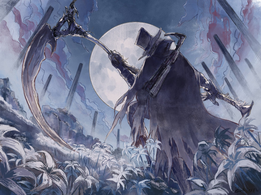 1boy bloodborne burial_blade cloud coat flower fune_(nkjrs12) gehrman_the_first_hunter gun hat highres holding holding_scythe moon night night_sky peg_leg scythe sky top_hat weapon