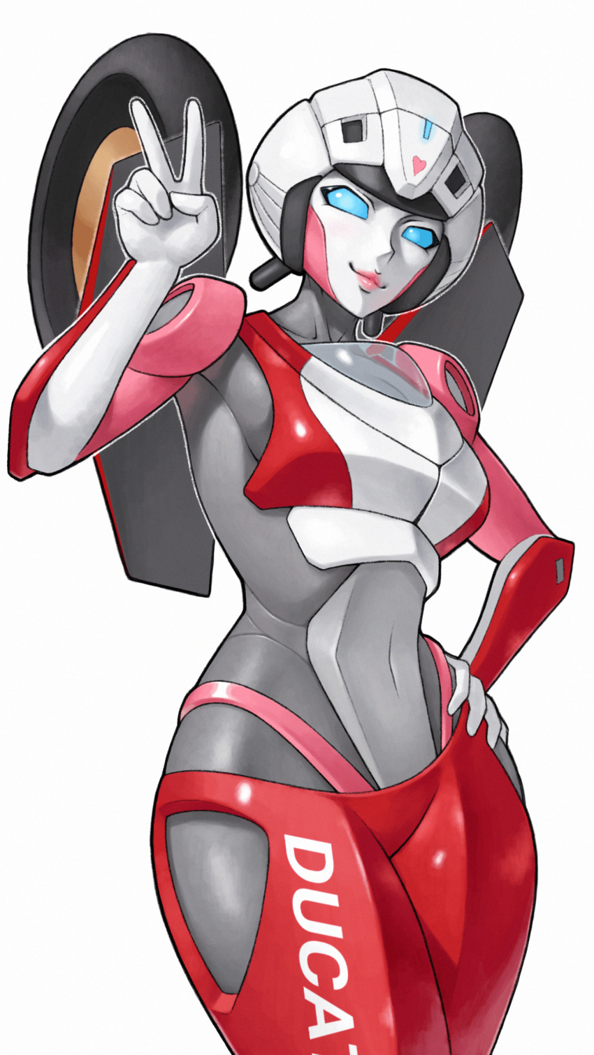 1girl absurdres arcee autobot breasts ducati hand_on_own_hip head_tilt highres mecha medium_breasts navel pink_lips robot simple_background skylock smirk solo transformers transformers:_rise_of_the_beasts transformers_(live_action) v wheel white_background