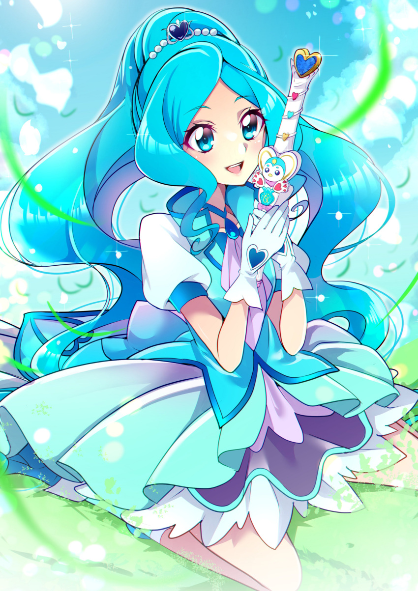 1girl absurdres blue_choker blue_eyes blue_hair blue_theme blue_vest choker commentary cure_fontaine earrings gloves grass hair_ornament healin'_good_precure healing_animal healing_wand heart heart_hair_ornament heart_wand highres jewelry long_hair looking_at_viewer magical_girl mitsuki_tayura open_mouth pegitan_(precure) pom_pom_(clothes) pom_pom_earrings ponytail precure puffy_sleeves sawaizumi_chiyu short_sleeves sitting skirt smile solo split_ponytail very_long_hair vest wariza white_gloves wide_ponytail