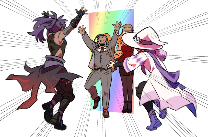 1girl 3boys arms_up bede_(champion)_(pokemon) bede_(pokemon) belt black_belt black_hair black_pants black_shirt boots business_suit buttons coat collared_shirt commentary_request emphasis_lines excited facial_hair fingerless_gloves gloves grey_jacket grey_pants grey_vest hat hat_ribbon highres jacket korean_commentary leon_(pokemon) leon_(sygna_suit)_(pokemon) long_hair multiple_boys necktie oleana_(pokemon) pants pokemon pokemon_(game) pokemon_masters_ex pokemon_swsh purple_footwear purple_hair purple_ribbon red_necktie redlhzz ribbon rose_(pokemon) shirt shoes suit undercut vest waist_cape watch white_coat white_headwear white_shirt wizard_hat wristwatch