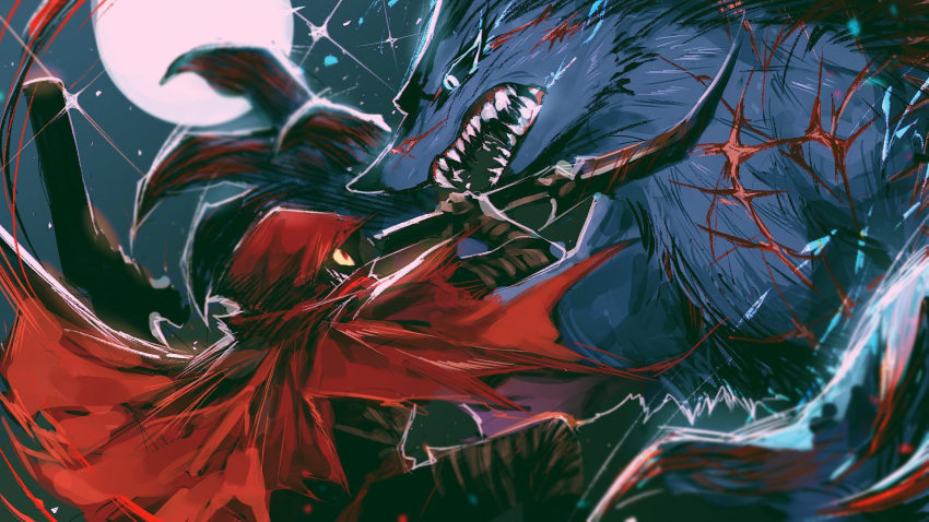 1girl bad_id bad_twitter_id battle big_and_will_be_bad_wolf blood blood_on_weapon blue_eyes blue_fur cape claws colored_sclera commentary cuts full_moon grin gun highres holding holding_gun holding_sword holding_weapon hood hood_up hooded_cape injury korean_commentary little_red_riding_hooded_mercenary lobotomy_corporation looking_at_another moon project_moon red_cape red_eyes remsrar sharp_teeth smile sword teeth weapon wolf yellow_sclera