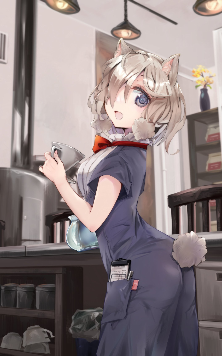 1girl :d alpaca_ears alpaca_suri_(kemono_friends) alpaca_tail alternate_costume animal_ear_fluff animal_ears ass blue_eyes bow bowtie chair commentary_request counter cup from_side grey_hair hair_over_one_eye highres horizontal_pupils indoors kemono_friends looking_at_viewer looking_to_the_side nanana_(nanana_iz) open_mouth pen plant pocket potted_plant red_bow red_bowtie short_hair short_sleeves smile solo tail tail_through_clothes trash_can