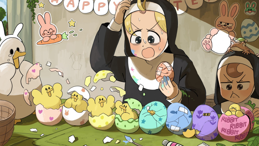 2girls :&lt; animal_ears animal_on_head bags_under_eyes basket bird blonde_hair blue_eyes brown_eyes brown_hair catholic chicken clumsy_nun_(diva) crack diva_(hyxpk) duck duckling easter easter_egg egg english_commentary frog frog_on_head froggy_nun_(diva) habit happy_easter hatching highres holding holding_egg little_nuns_(diva) multiple_girls nun on_head paint_tube paintbrush rabbit_ears sweat topknot traditional_nun