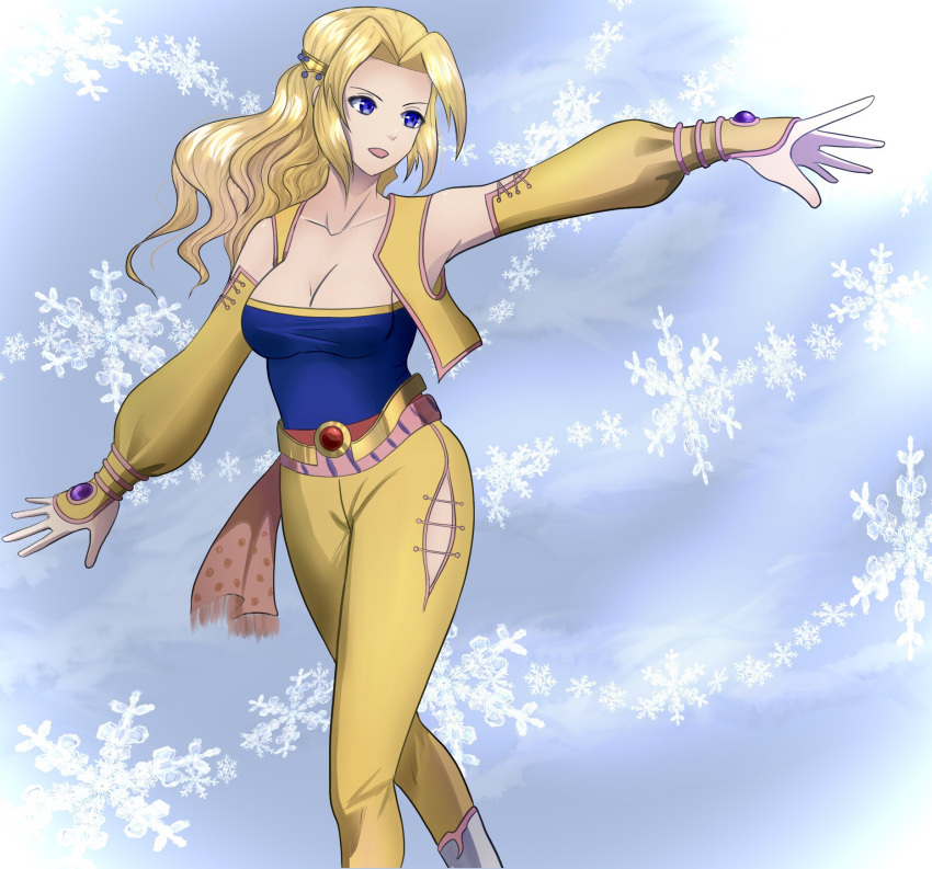 1girl blonde_hair blue_eyes blue_shirt breasts celes_chere cleavage detached_sleeves final_fantasy final_fantasy_vi hair_ornament highres lace-up_legwear large_breasts long_hair looking_to_the_side official_alternate_costume open_mouth pants shirt snowflakes solo soosupaan vest waist_cape wavy_hair white_footwear yellow_pants