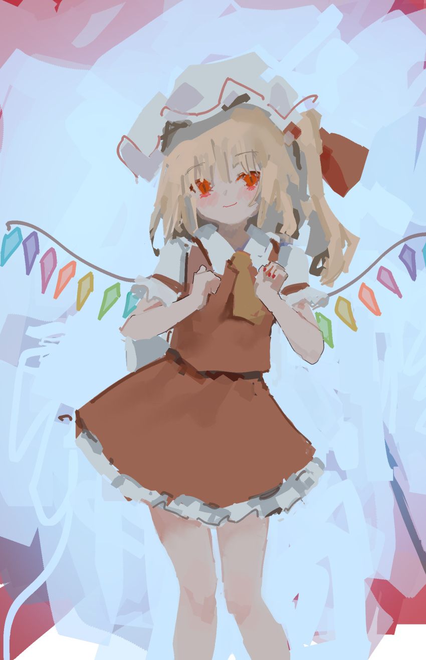 1girl back_bow blonde_hair blue_background blush bow closed_mouth feet_out_of_frame flandre_scarlet frilled_skirt frilled_sleeves frills hair_between_eyes hat highres large_bow light_smile looking_at_viewer medium_hair mob_cap multicolored_wings one_side_up puffy_short_sleeves puffy_sleeves red_eyes red_skirt red_vest reddizen shirt short_sleeves simple_background skirt skirt_set solo touhou vest white_bow white_headwear white_shirt wings