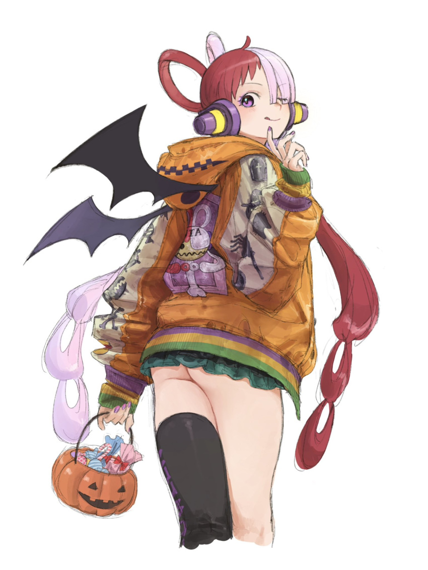 1girl ;q ass bat_wings behind-the-head_headphones candy cropped_legs food green_skirt halloween halloween_bucket hand_up headphones highres hood hooded_jacket jacket long_hair looking_at_viewer looking_back miniskirt multicolored_hair one_eye_closed one_piece one_piece_film:_red orange_jacket pink_hair pumpkin purple_nails red_hair simple_background single_thighhigh skirt solo split-color_hair thighhighs tongue tongue_out twintails urasanmyaku uta_(one_piece) very_long_hair white_background wings
