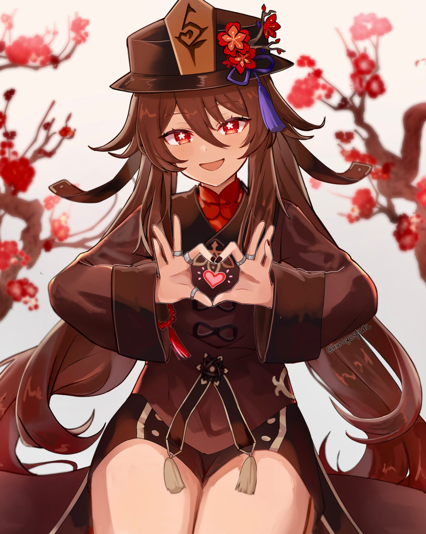 1girl absurdres black_headwear black_shorts blurry blush branch bright_pupils brown_coat brown_hair coat coattails commission cowboy_shot depth_of_field flower flower-shaped_pupils genshin_impact hair_between_eyes hat hat_flower hat_tassel heart heart_hands highres hu_tao_(genshin_impact) jewelry kuromu_shado long_hair long_sleeves looking_at_viewer multiple_rings open_mouth pixiv_commission plum_blossoms porkpie_hat red_eyes red_flower red_shirt ring shirt short_shorts shorts smile solo symbol-shaped_pupils tassel thumb_ring twintails very_long_hair white_background white_pupils