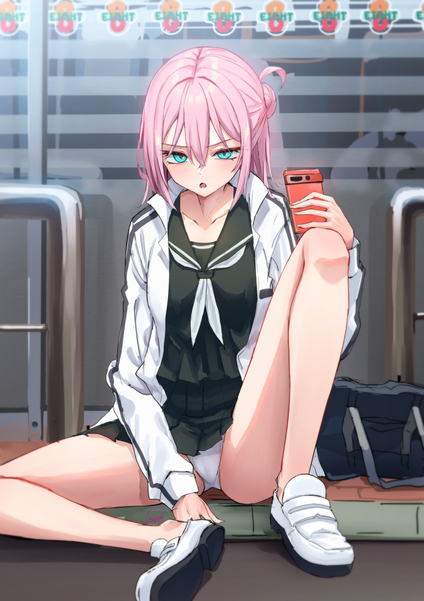 1girl 7-eleven absurdres bag black_sailor_collar black_serafuku black_shirt black_skirt blue_eyes blush brand_name_imitation cellphone commentary_request hair_between_eyes hair_bun highres holding holding_phone jacket knee_up loafers long_hair looking_at_viewer neckerchief no_socks open_clothes open_jacket original panties parted_lips phone pink_hair piripun pleated_skirt railing sailor_collar school_bag school_uniform serafuku shirt shoes sitting skirt solo underwear white_footwear white_jacket white_neckerchief white_panties