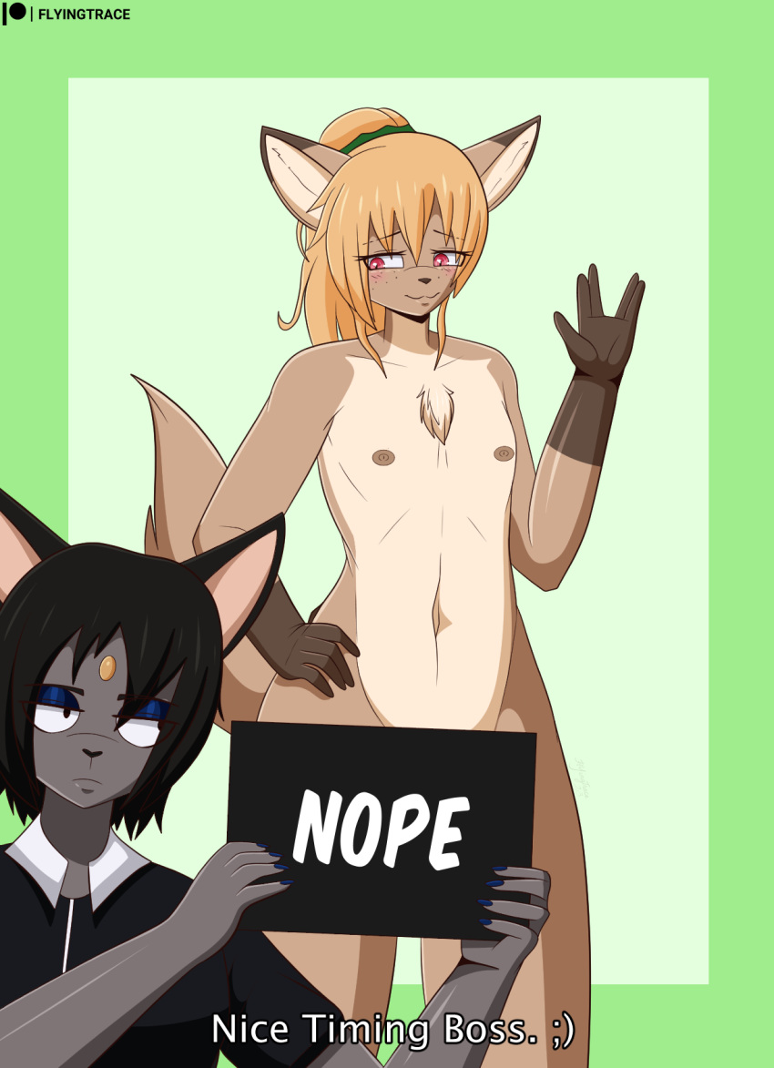 2023 ambiguous_gender anthro belly black_hair blonde_hair bottomless bottomless_anthro bottomless_female bottomless_male canid canine caption cel_shading censor_bar censored chest_tuft clothed clothing denied digital_media_(artwork) domestic_cat duo english_text eyeshadow felid feline felis female fennec flat_chested flyingtrace forehead_gem fox fur gem gesture grey_body hair hand_on_hip happy hi_res iris_(flyingtrace) jewelry makeup male mammal multicolored_body multicolored_fur navel nipples ponytail shaded signature simple_background smile tail tan_body tan_fur text topless topless_ambiguous topless_anthro topless_female topless_male tuft yazz_(flyingtrace)