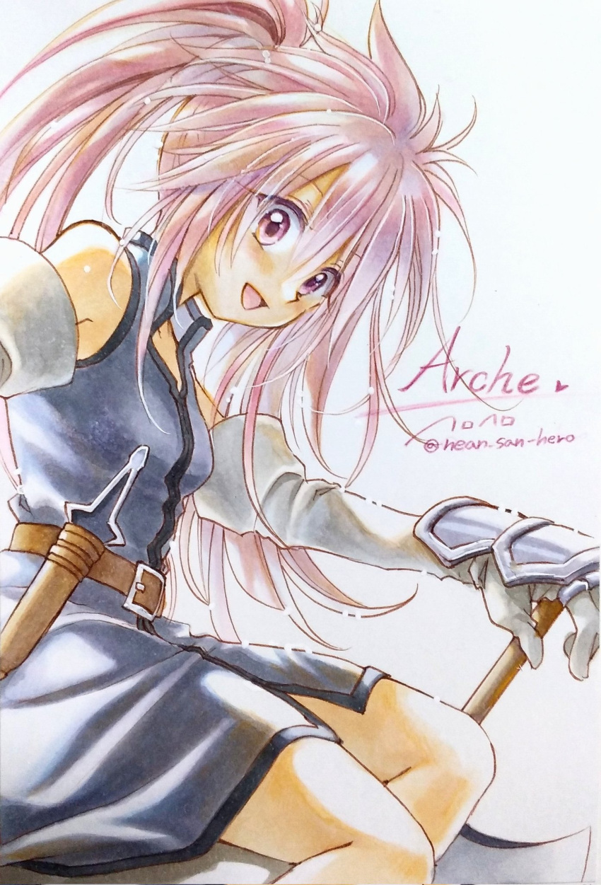 1girl arche_klein axe belt cosplay dagger dress elbow_gloves gloves herohero highres holding holding_axe knife long_hair looking_at_viewer marker_(medium) open_clothes open_dress pink_eyes pink_hair ponytail presea_combatir simple_background sleeveless_coat smile solo tales_of_(series) tales_of_phantasia tales_of_symphonia traditional_media weapon white_background