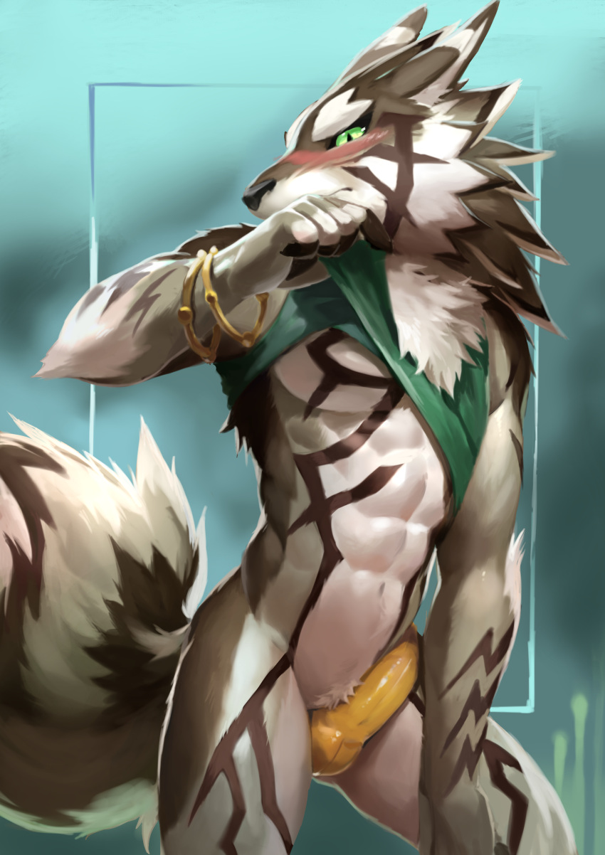 2021 abs absurd_res anthro balls_outline bikini blush bracelet brown_body brown_fur bulge canid canine canis claws clothed clothing clothing_lift countershading digital_media_(artwork) embarrassed erection erection_under_clothing finger_claws fluffy fluffy_tail fur genital_outline genitals gold_(metal) gold_jewelry green_eyes hair hi_res jackal jewelry lifewonders looking_at_viewer male mammal markings muscular muscular_anthro muscular_male navel partially_clothed penis penis_outline reveal seth_(tas) shaded shirt shirt_lift solo spiky_hair swimwear t.y.stars tail tokyo_afterschool_summoners topwear tuft underwear white_body white_fur yellow_clothing yellow_underwear