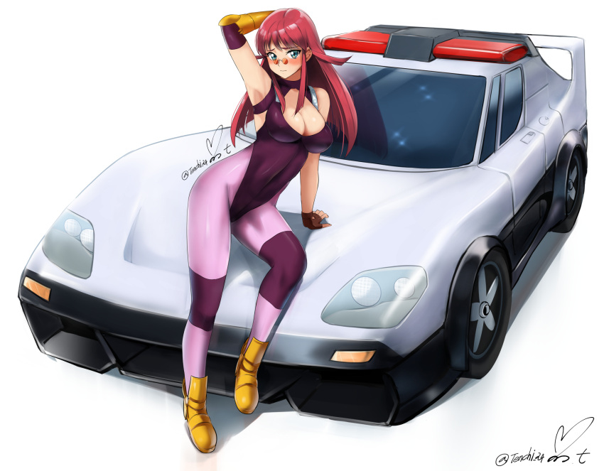 1girl blue_eyes boots breasts brown_gloves car cleavage cleavage_cutout clothing_cutout elbow_pads fingerless_gloves full_body gloves highres large_breasts leotard long_hair looking_at_viewer motor_vehicle orange-tinted_eyewear pantyhose purple_leotard purple_pantyhose red_hair renais_cardiff_shishiou sidelocks signature simple_background solo sunglasses tinted_eyewear vehicle_request white_background yellow_footwear yoo_tenchi yuusha_ou_gaogaigar yuusha_ou_gaogaigar_final yuusha_series