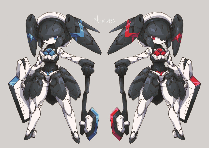 2girls absurdres android axe black_hair blue_eyes breasts cleavage full_body grey_background hand_on_hilt highres holding holding_shield kuruton486 looking_at_viewer mechanical_hair medium_breasts multiple_girls one_eye_covered original red_eyes science_fiction shield