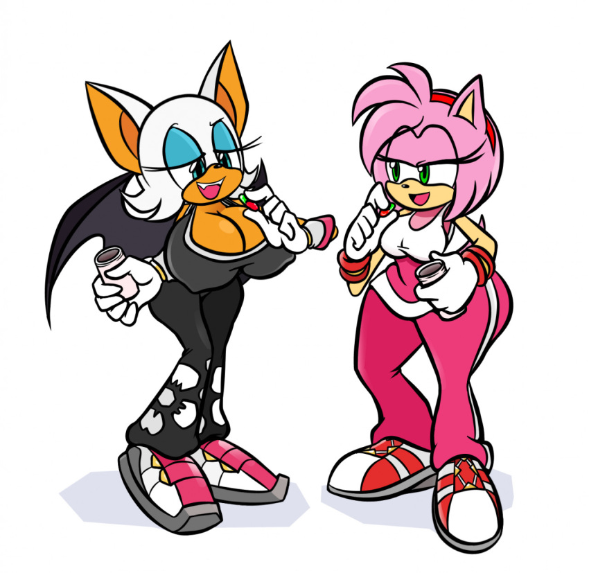 amy_rose big_breasts big_butt black_clothing bra breasts butt clothing drugs duo female fur gloves handwear hi_res loverk90 pill_bottle pills pink_body pink_clothing pink_fur rouge_the_bat sega simple_background sonic_the_hedgehog_(series) sports_bra track_pants underwear white_background white_body white_fur