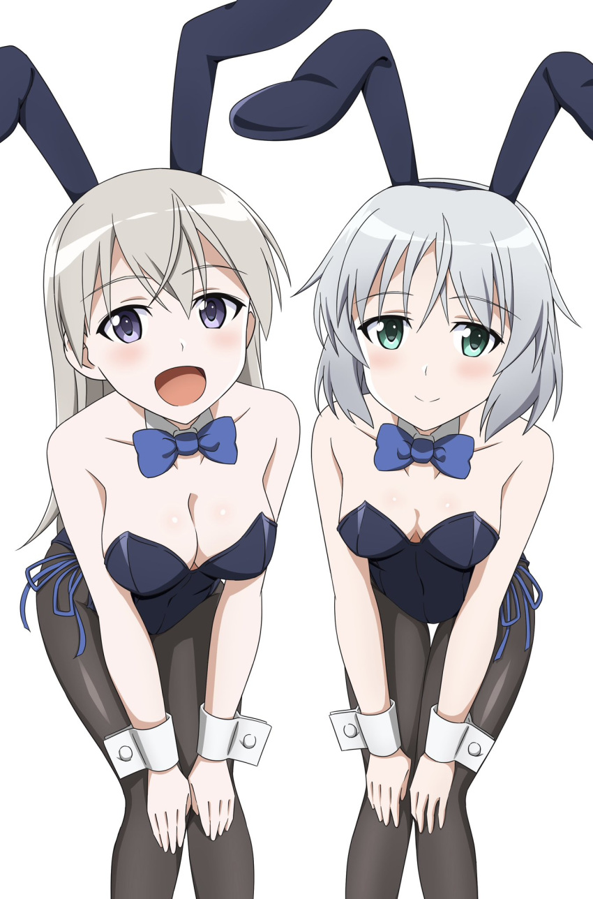 2girls animal_ears black_leotard black_pantyhose blue_eyes bow bowtie breasts cleavage commentary_request detached_collar eila_ilmatar_juutilainen fake_animal_ears feet_out_of_frame green_eyes hands_on_own_knees highres kanata_mako leotard long_hair looking_at_viewer medium_breasts multiple_girls pantyhose playboy_bunny rabbit_ears sanya_v._litvyak short_hair side-tie_leotard simple_background small_breasts smile strike_witches thigh_gap white_background white_hair world_witches_series wrist_cuffs