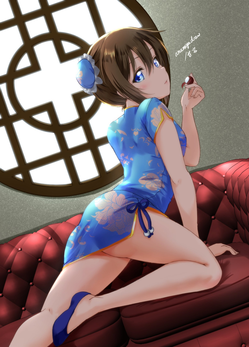 1girl amamiya_(re-amamiya) arm_support ass bare_legs blue_dress blue_eyes blue_footwear blush breasts brown_hair bun_cover china_dress chinese_clothes commentary_request couch double_bun dress dutch_angle floral_print hair_bun hand_up highres indoors legs looking_at_viewer love_live! love_live!_nijigasaki_high_school_idol_club medium_breasts on_couch ousaka_shizuku parted_lips print_dress short_sleeves sidelocks sideways_glance signature solo thighs window