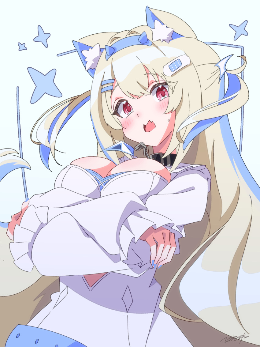 1girl animal_ear_fluff animal_ears bandaid_hair_ornament belt_collar black_collar blonde_hair blue_hair blush breasts cleavage cleavage_cutout clothing_cutout collar crossed_arms dog_ears dog_girl dress fang fuwawa_abyssgard hair_ornament hairpin highres hinata_hirune hololive hololive_english large_breasts long_hair looking_at_viewer multicolored_hair open_mouth pink_eyes sidelocks skin_fang smile solo streaked_hair two_side_up virtual_youtuber white_dress