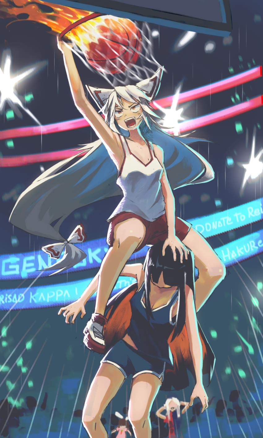 &gt;:) 4girls :d :o animal_ears armpits audience ball basketball basketball_(object) basketball_hoop basketball_uniform black_hair blue_dress bow breasts camera_flash carrot_necklace cleavage colored_inner_hair commentary commission dress emphasis_lines english_commentary fire fujiwara_no_mokou hand_on_another's_head hands_on_own_head highres houraisan_kaguya inaba_tewi jewelry long_hair looking_up medium_hair meme multicolored_clothes multicolored_dress multicolored_hair multiple_girls necklace nyztsune open_mouth pink_dress rabbit_ears red_dress red_eyes red_shorts shirt shoes shorts slam_dunk_(basketball) smile sneakers sportswear tank_top teeth touhou v-shaped_eyebrows venom_dunking_on_spider-man_(meme) very_long_hair white_bow white_footwear white_hair white_shirt yagokoro_eirin