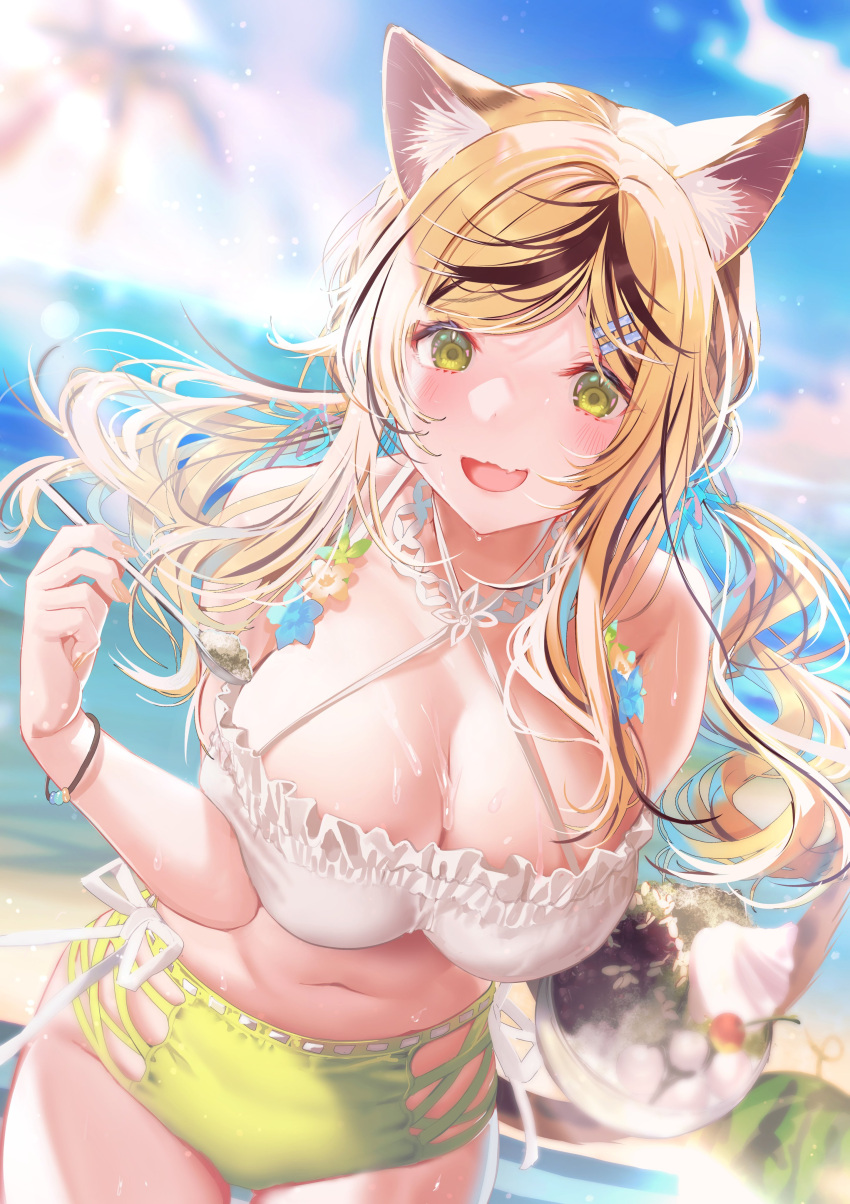 1girl absurdres animal_ear_fluff animal_ears bare_shoulders blonde_hair blurry blurry_background blush bracelet breasts cleavage cowboy_shot fang food fruit green_eyes groin hair_ornament hair_ribbon hairclip highres indie_virtual_youtuber jewelry kintsuba_detama large_breasts lens_flare long_hair looking_at_viewer multicolored_hair navel open_mouth outdoors ribbon shimofuri skin_fang solo streaked_hair watermelon wet