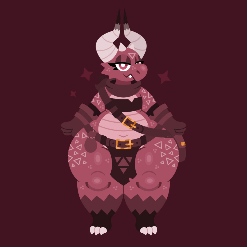 3_horns anthro bottomwear clothing female flat_chested gloves handwear hi_res horn huge_hips huge_thighs kobold leather leather_clothing leather_gloves leather_handwear loincloth multi_horn naycelium neckerchief red_body red_scales scales solo thick_thighs