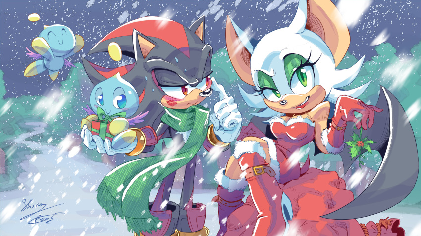 2015 absurd_res ambiguous_gender anthro bat boots breasts chao_(sonic) clothing eulipotyphlan eyeshadow female footwear gloves group half-closed_eyes handwear hedgehog hi_res high_heeled_boots high_heels kiss_mark makeup male mammal narrowed_eyes rouge_the_bat scarf sega shadow_the_hedgehog signature snow sonic_the_hedgehog_(series) wings winter ziggyfin