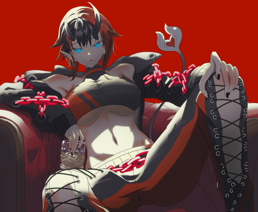 1girl armchair black_hair black_jacket black_nails black_pants black_sports_bra blue_eyes breasts chain chair cross-laced_pants cup demon_girl demon_horns demon_tail ear_chain ear_piercing fingernails grimon12 hand_on_own_knee highres holding holding_cup horns jacket large_breasts long_sleeves looking_at_viewer multicolored_hair nanashi_inc. navel open_clothes open_jacket open_mouth pants piercing pointy_ears red_background red_hair red_pants red_sports_bra ryugasaki_rene short_hair solo sports_bra tail two-tone_hair two-tone_pants two-tone_sports_bra underboob virtual_youtuber