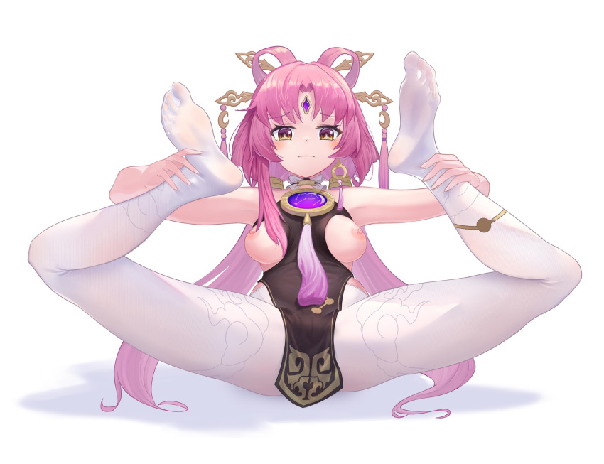 1girl ankle_grab bare_arms bare_shoulders between_breasts blush bow-shaped_hair breasts breasts_apart brown_dress closed_mouth clothes_between_breasts dress earrings esan facing_viewer forehead_jewel fu_xuan_(honkai:_star_rail) full_body furrowed_brow hair_ornament hair_rings hair_stick highres holding_legs honkai:_star_rail honkai_(series) jewelry legs_up long_hair looking_down low_twintails lying medium_breasts nipples no_shoes on_back pantyhose parted_bangs pelvic_curtain pink_hair purple_eyes single_earring sleeveless sleeveless_dress solo spread_legs tassel tassel_earrings tassel_hair_ornament twintails very_long_hair white_background white_pantyhose wide_spread_legs