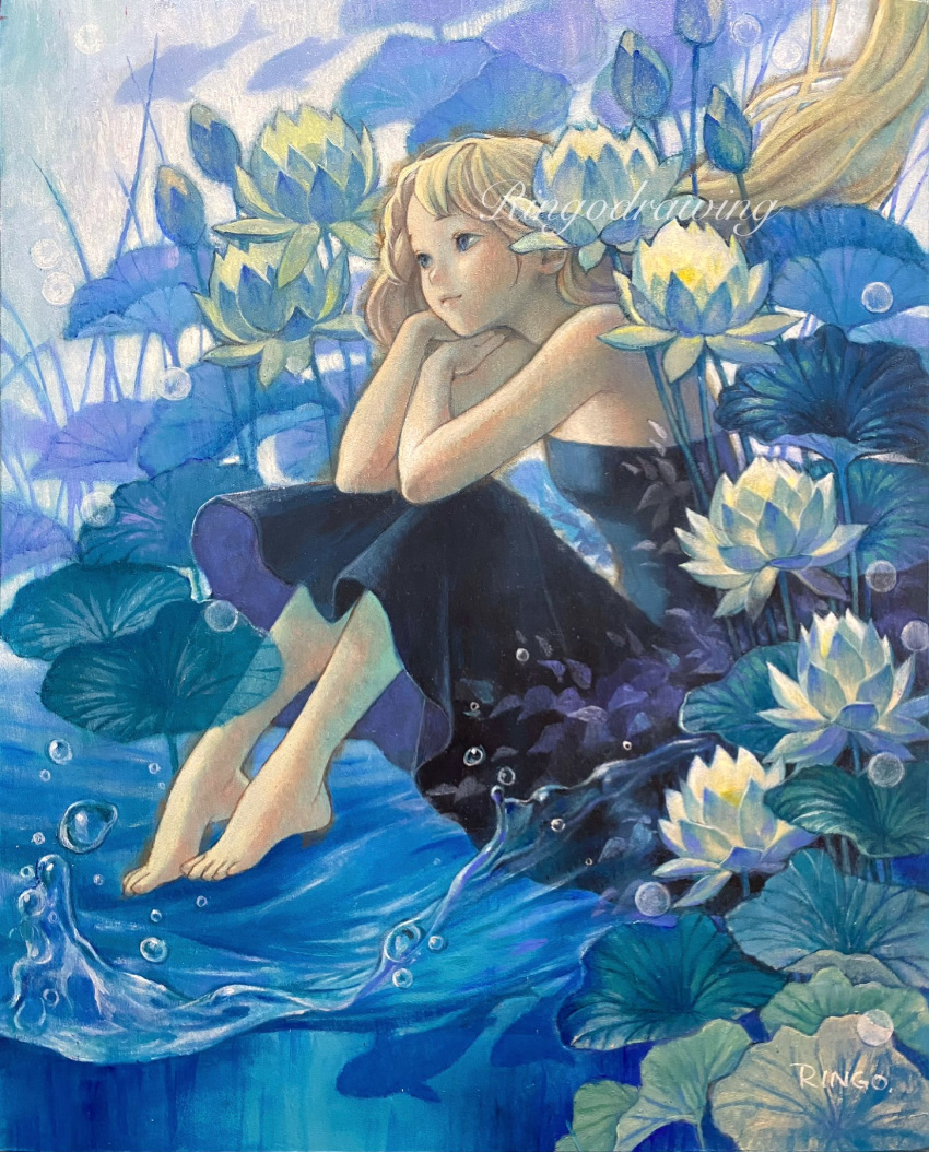 1girl barefoot black_dress blonde_hair blue_eyes breasts commentary_request dress fish floating_hair full_body highres light_smile lily_pad long_hair looking_to_the_side oil_painting_(medium) original painting_(medium) ringodrawing sitting small_breasts solo strapless strapless_dress surreal traditional_media water water_lily_flower