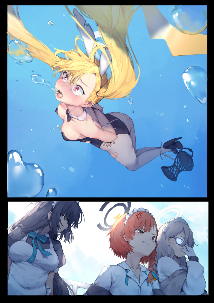 4girls akane_(blue_archive) angry arms_behind_back asphyxiation black_hair black_leotard blue_archive character_request check_character drowning dying grey_hair high_heels highres karin_(blue_archive) kotori_(blue_archive) leotard multiple_girls neru_(blue_archive) orange_hair pantyhose playboy_bunny restrained rou_(rou22) scared torn_clothes torn_pantyhose underwater