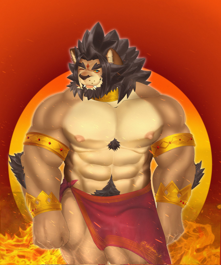 anthro arm_tuft armband barong_(tas) body_hair brown_hair chest_tuft elbow_tuft eyebrows fangs fist fur gold_(metal) gold_jewelry hair happy_trail hi_res jewelry lifewonders male muscular muscular_arms muscular_male necklace neshfox1 nipples one_eye_closed overbite pecs red_eyeliner sarong sarong_only solo tan_body tan_fur teeth thick_eyebrows tokyo_afterschool_summoners tongue tongue_out tuft wink wristband