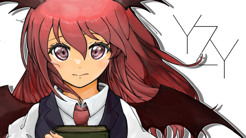 1girl absurdres black_nails black_vest book brown_wings character_name closed_mouth collared_shirt commentary_request cookie_(touhou) demon_girl demon_wings expressionless fang fang_out fingernails head_wings highres holding holding_book koakuma long_hair looking_at_viewer necktie red_eyes red_hair red_necktie shirt simple_background solo sun_kajitsu touhou upper_body vest white_background white_shirt wings yuzuyu_(cookie)