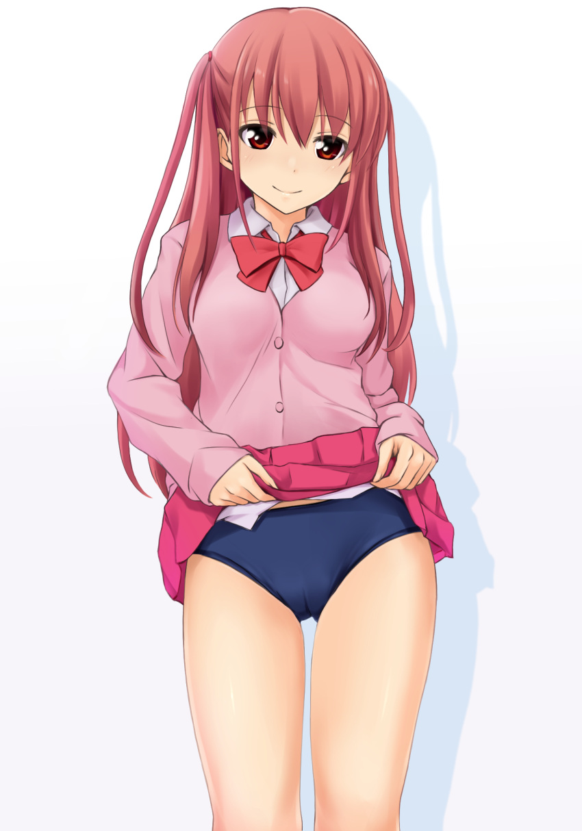 1girl atarashi_ako blush breasts buruma cardigan closed_mouth commentary_request cowboy_shot highres lifted_by_self long_hair medium_breasts nonaka_ritsu pink_hair pink_skirt pleated_skirt red_eyes saki saki_achiga-hen school_uniform shadow skirt smile solo thighs two_side_up